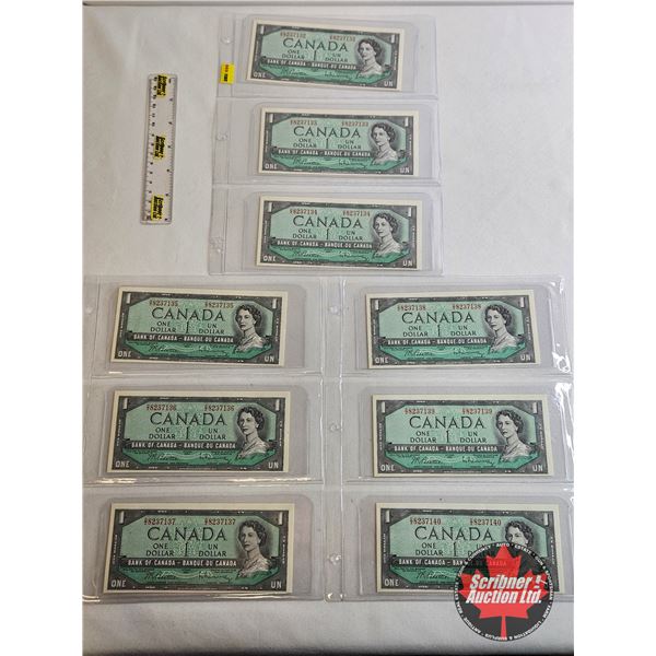 Canada $1 Bills 1954 (9 Sequential) : Beattie/Rasminsky #DZ8237132 - 7140