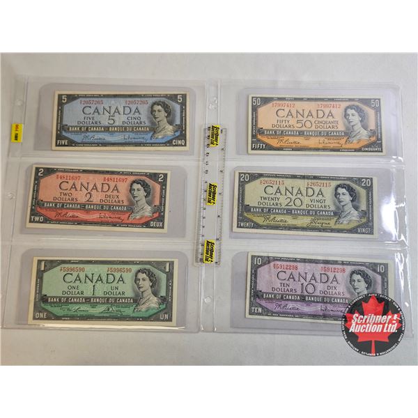 Canada Bills 1954 (6) : - $1 : Lawson/Bouey #YF5996590 - $2 : Beattie/Rasminsky #RR4811697 - $5 : Be