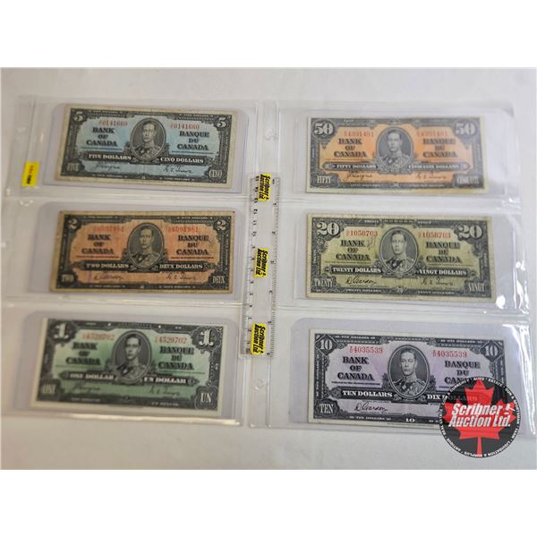 Canada Bills 1937 (6) : - $1 : Coyne/Towers #SN4529702 - $2 : Gordon/Towers #HB6091981 - $5 : Coyne/