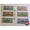 Image 1 : Canada Bills 1937 (6) : - $1 : Coyne/Towers #SN4529702 - $2 : Gordon/Towers #HB6091981 - $5 : Coyne/