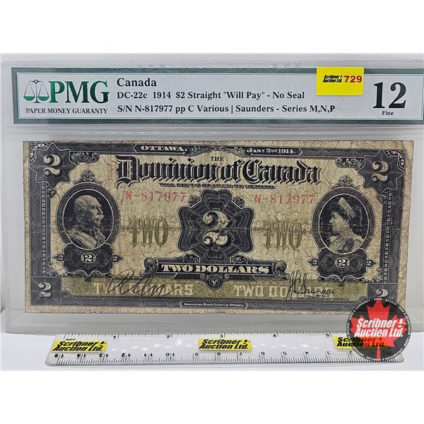 Dominion of Canada $2 Bill 1914 : Straight "Will Pay" : No Seal : Saunders #N-817977 : Series M,N,P 