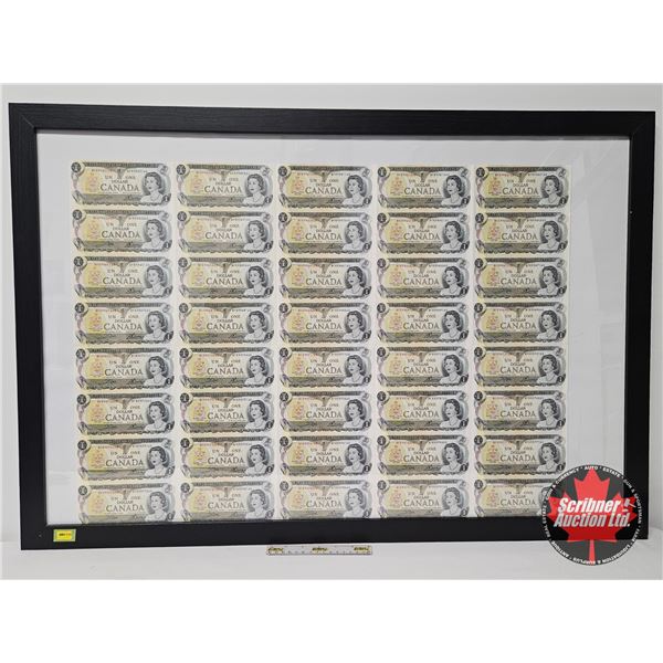 Canada $1 Bills 1973 UNCUT SHEET (FRAMED) of 40 Bills (5x8) : Crow/Bouey #BFK (Frame Measures : 26-1