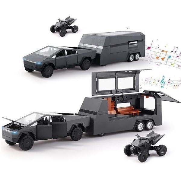 1:32 Scale Metal Cybertruck Model Toy with Towable Trailer, Removable Quad & Tonneau Cover - New!