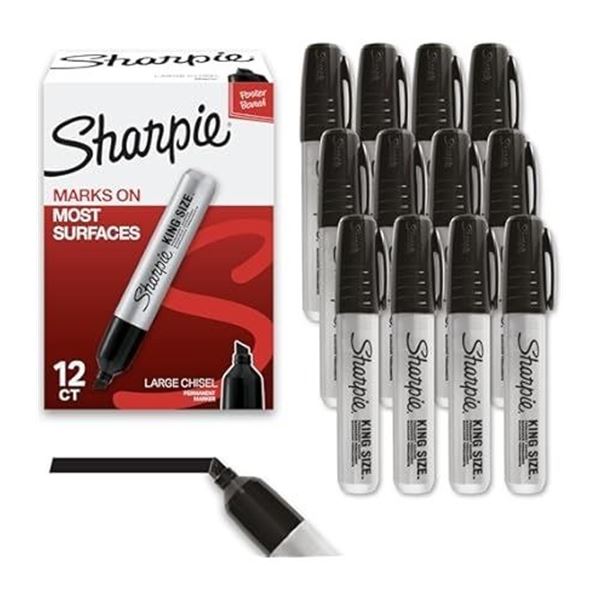 12-Pack Sharpie King-Size Permanent Markers; Large Chisel Tip Sharpies for Wide Marks (Black) - New