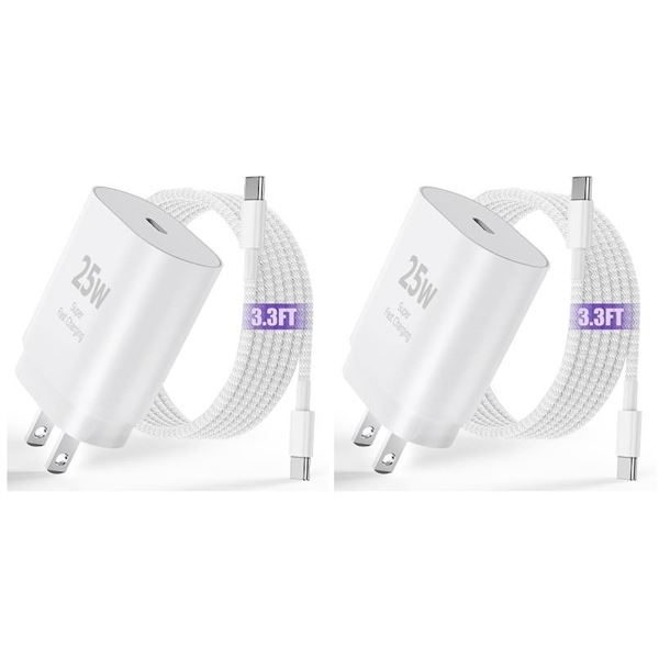 Lot of 2 Fast Chargers (USB-C to C) 25W Block/3.3FT Durable Cord Included in Each- New