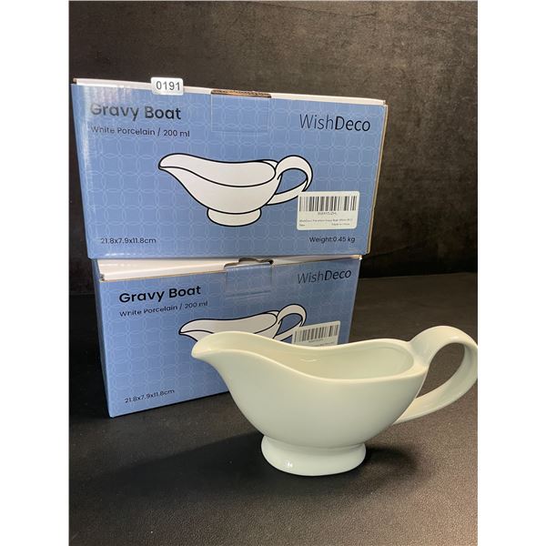 Lot of 2 White Porcelain Gravy Boats; 200ml (8oz) Ceramic Gravy Jugs/Sauce Boats with Handle - New