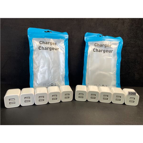 Lot of 10 Dual-USB Port Charging Blocks/Dual-USB Cube Wall Chargers - New