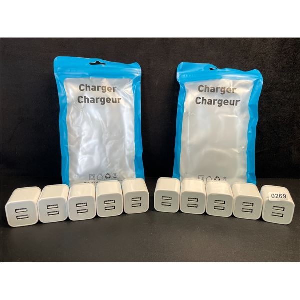 Lot of 10 Dual-USB Port Charging Blocks/Dual-USB Cube Wall Chargers - New