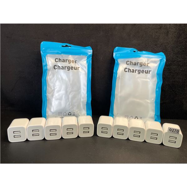 Lot of 10 Dual-USB Port Charging Blocks/Dual-USB Cube Wall Chargers - New