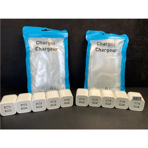 Lot of 10 Dual-USB Port Charging Blocks/Dual-USB Cube Wall Chargers - New