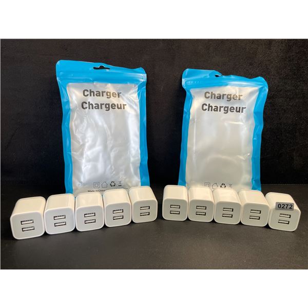 Lot of 10 Dual-USB Port Charging Blocks/Dual-USB Cube Wall Chargers - New