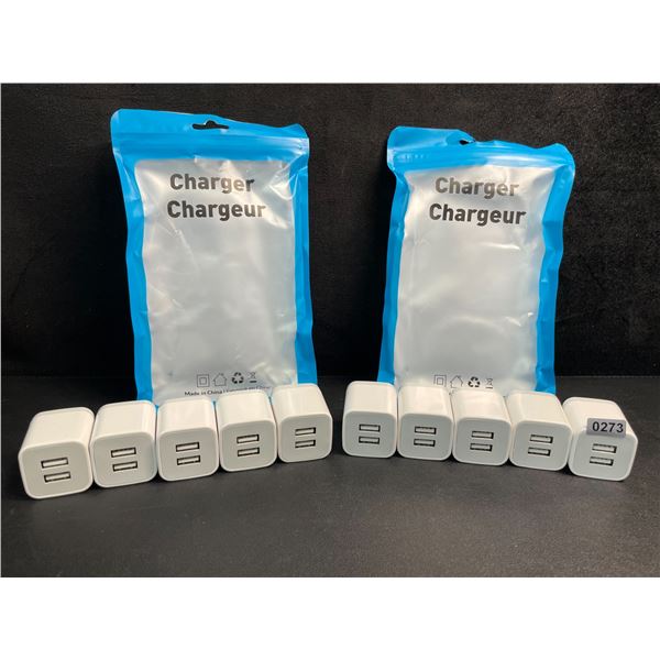 Lot of 10 Dual-USB Port Charging Blocks/Dual-USB Cube Wall Chargers - New