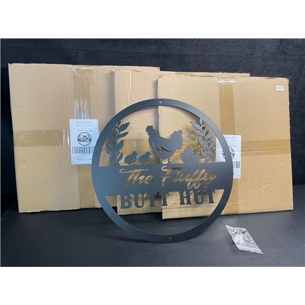 Lot of 3 Metal "The Fluffy Butt Hut" Chicken Coop/Home Decor Signs - 12" Size (Black) - New