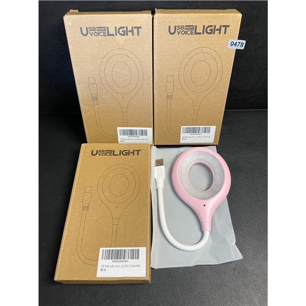 Lot of 3 Smart Voice Controlled USB LED Night Lights (Pink) Flexible Design - Brand New