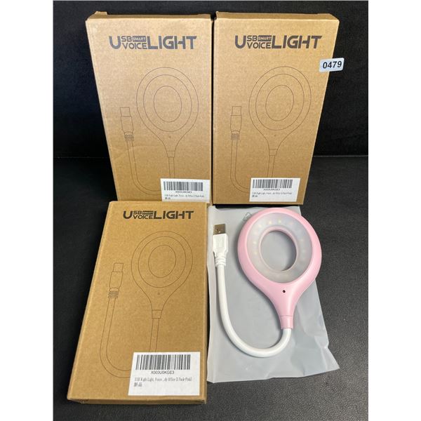 Lot of 3 Smart Voice Controlled USB LED Night Lights (Pink) Flexible Design - Brand New