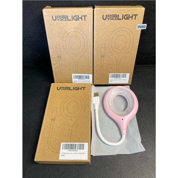 Lot of 3 Smart Voice Controlled USB LED Night Lights (Pink) Flexible Design - Brand New