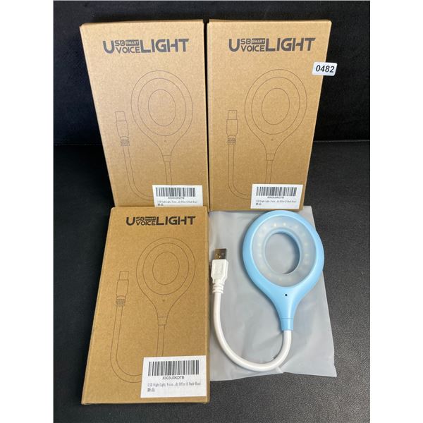 Lot of 3 Smart Voice Controlled USB LED Night Lights (Blue) Flexible Design - Brand New