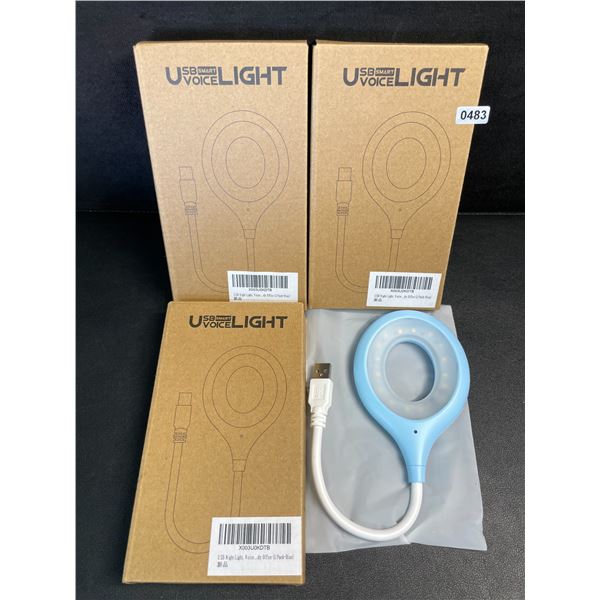 Lot of 3 Smart Voice Controlled USB LED Night Lights (Blue) Flexible Design - Brand New