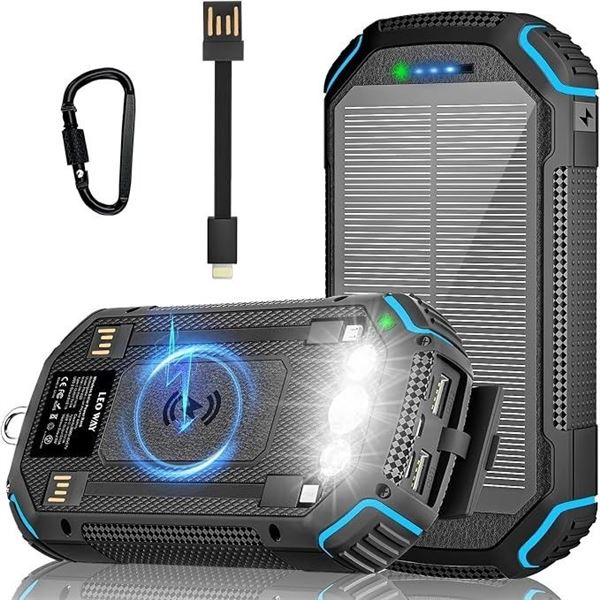 36,000mAh Large Capacity Solar Charging Power Bank/Portable Charger w/ Built-In Cables - Brand New!