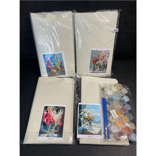 4-Pack of DIY Paint-By-Number Kits on Canvas with Paints & Brushes; Flower Designs - New