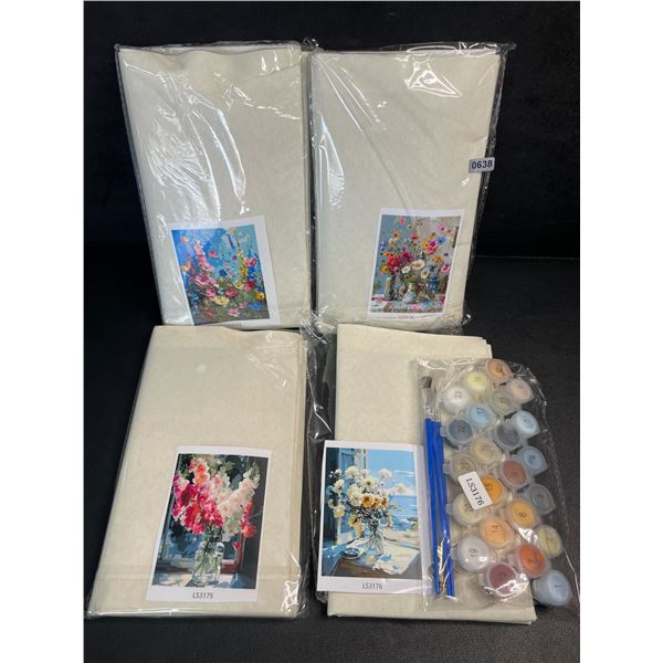 4-Pack of DIY Paint-By-Number Kits on Canvas with Paints & Brushes; Flower Designs - New
