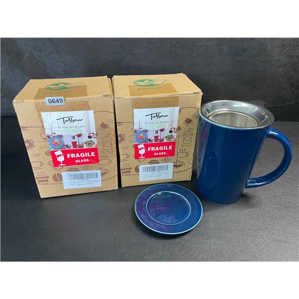 Lot of 2 Ceramic Tea Mugs with Infuser & Lid (14oz) Dark Blue - For Steeping Loose-Leaf Tea - New