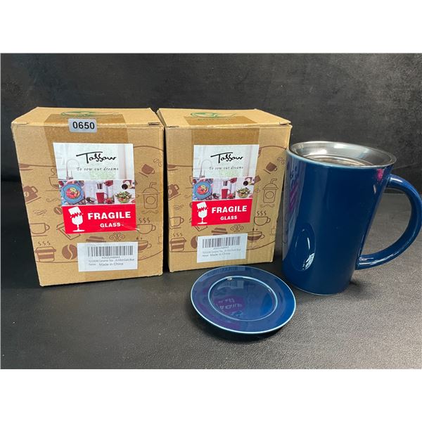 Lot of 2 Ceramic Tea Mugs with Infuser & Lid (14oz) Dark Blue - For Steeping Loose-Leaf Tea - New