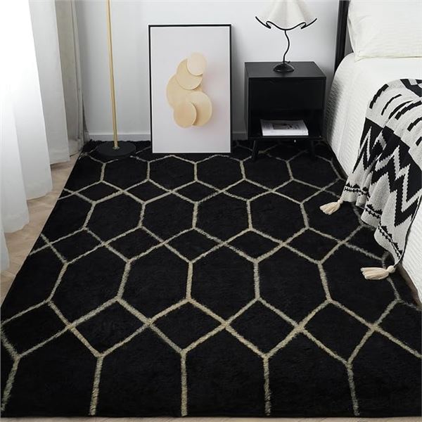 5Ft x 7FT Large Geometric Ultra Soft Area Rug/Carpet (Black/Gold) with Non-Slip Backing - New