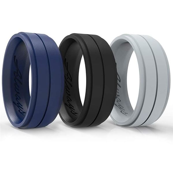 Lot of 12pcs Arua Silicone Wedding Rings for Men; Size 11 (20.6mm Diameter) Black/Grey/Blue - New