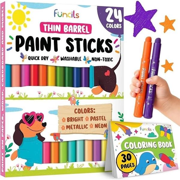 Funcils 24-Pack Paint Stick Set with Coloring Book - Thin Tempera Paint Sticks for Kids - New!