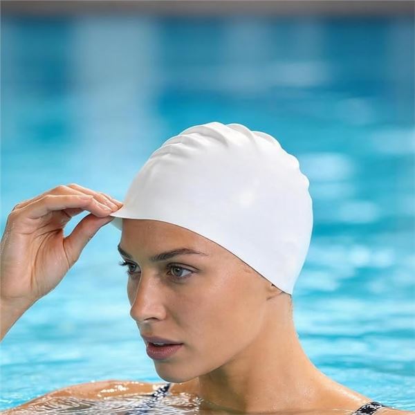 Lot of 6 Silicone Swimming Caps; Waterproof Swim Caps for Adults (White + Pink) - New