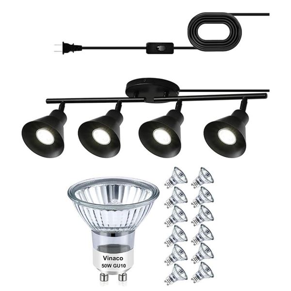 4-Light Modern Plug-In Track Lighting Kit w/ 16.4FT Cord & 12PC GU10 Light Bulbs Included - New