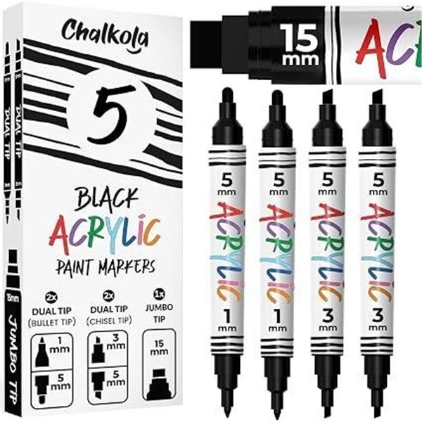 5-Pack Chalkola Black Acrylic Paint Pens/Markers; Dual Tip & Jumbo Tip Pens Included - New!