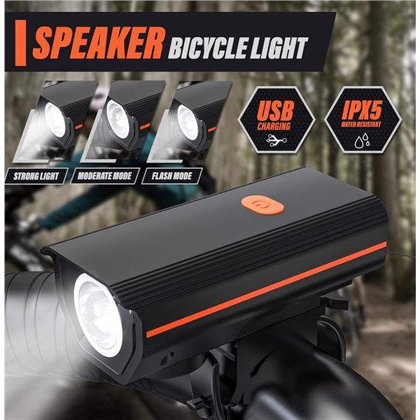 Lot of 2 USB Rechargeable IPX5 Speaker Bicycle Lights with Included 4 Mode Reflector Light - New