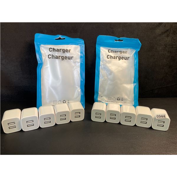 Lot of 10 Dual-USB Port Charging Blocks/Dual-USB Cube Wall Chargers - New