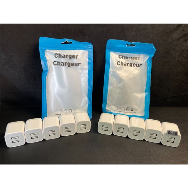 Lot of 10 Dual-USB Port Charging Blocks/Dual-USB Cube Wall Chargers - New