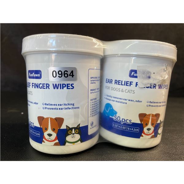 2 Tubs of Ear Relief Finger Wipes for Dogs & Cats (50pcs) Gently Removes Ear Wax/Odor - New