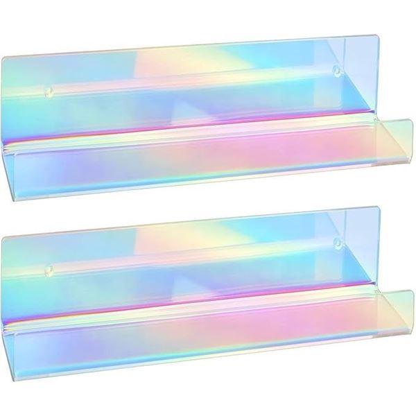 2-Pack of Iridescent Rainbow Acrylic Floating Shelves (15") Wall-Mounted Display Shelves - New