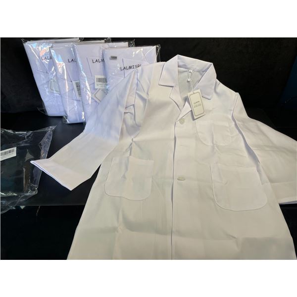 Lot of 5 Kids White Lab Coats (Size Large) Great for Art/Messy Play Time/Keeping Clothes Clean - New