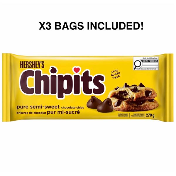 3 Bags of Hershey's Chipits (270g) Pure Semi-Sweet Chocolate Chips - New Sealed