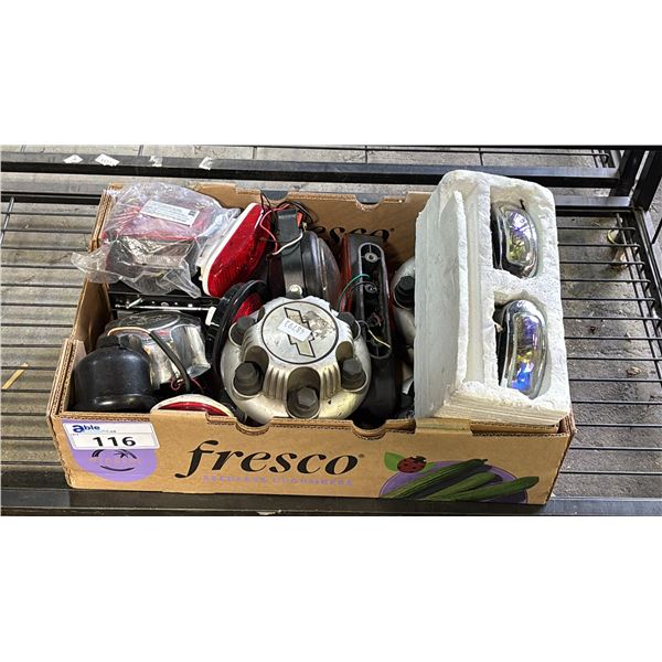 BOX OF ASSORTED VEHICLE FOG LIGHTS, WHEEL CENTER CAP & LUG COVERS & MORE