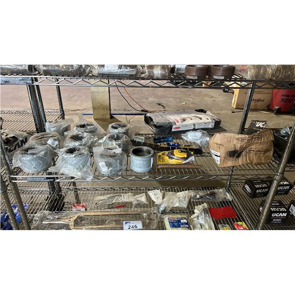 SHELF OF *NEW* GALVANIZED MALLEABLE IRON PIPE COUPLINGS, STANLEY POWER WINDER, 3/8" TEE FITTINGS &