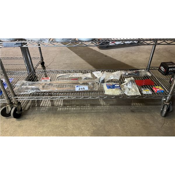 SHELF OF ASSORTED *NEW* ITEMS: LARGE C-CLAMP, L-WRENCH, CABLE CLAMPS, COINS WEDGES & MORE