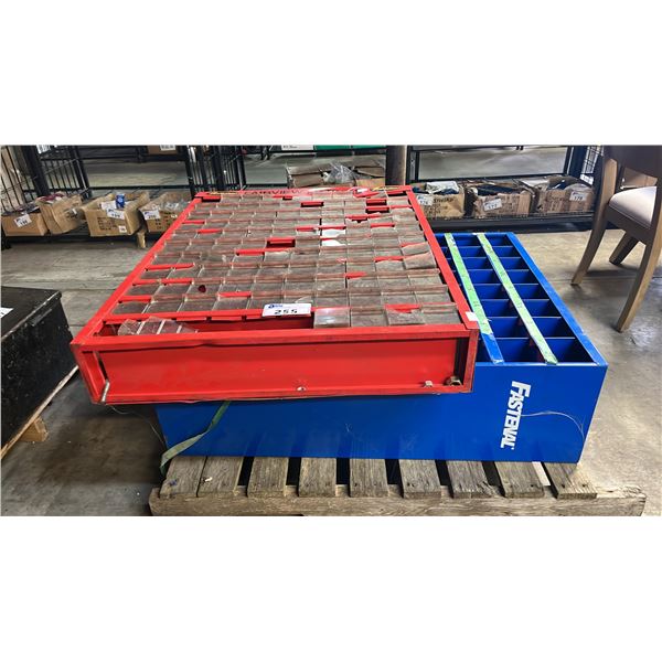 RED METAL STORAGE CABINET W/PLASTIC DRAWERS & BLUE METAL PIGEONHOLE STORAGE CABINET