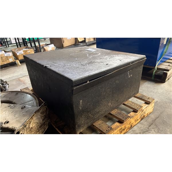 HEAVY DUTY BLACK METAL STORAGE CONTAINER OF ASSORTED WELDING ACCESSORIES
