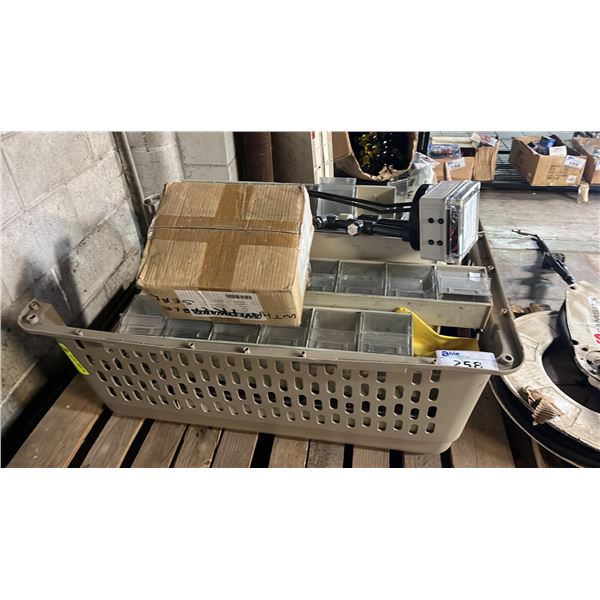 LARGE PLASTIC TOTE OF STACKABLE STORAGE DRAWERS, HEATED GRAVITY FED EYEWASH, AXE HANDLES & MORE