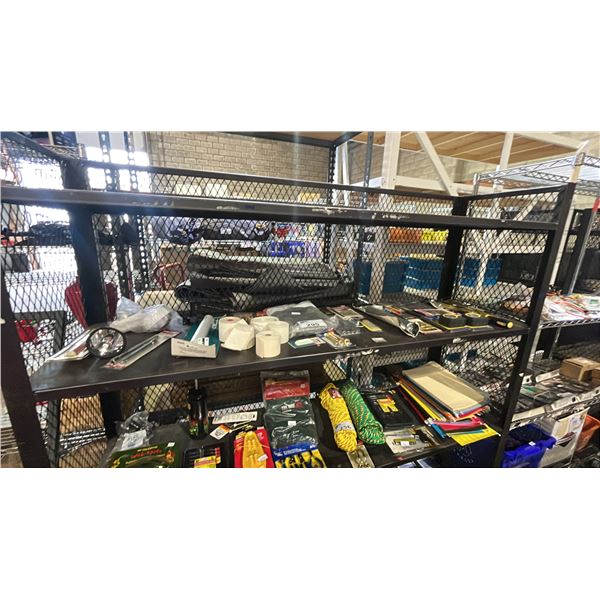 SHELF OF RECEIPT PAPER ROLLS, DOOR HINGES, TAPE MEASURES, SABRE SAW BLADES, QUICK CHANGE