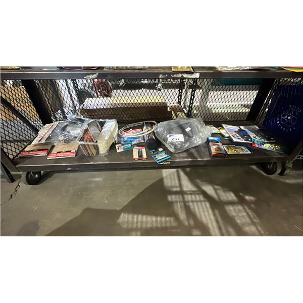 SHELF OF ASSTD. SANDPAPER, CABLE CLAMPS, TWO-WAY RADIOS, NIGHT LIGHTS & MORE