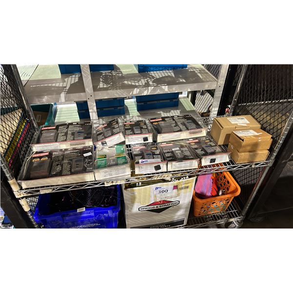 SHELF OF ASSORTED CRAFTSMAN GARAGE DOOR REMOTE CONTROLS, INFRARED SENSOR KITS & MORE