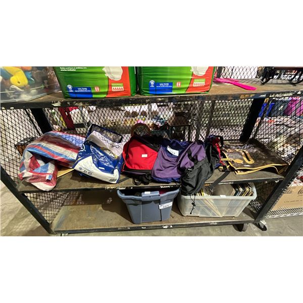 SHELF OF ASSORTED REUSABLE BAGS, BACKPACK & PURSE